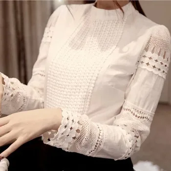 Long sleeves o-neck Clothing Wrap White Lace solid color Woman Blouse women tops