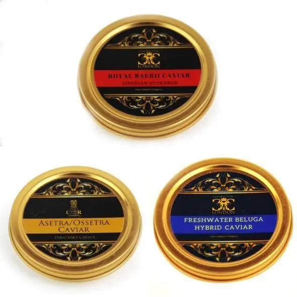 Wholesale metal 50g gold round empty caviar tin box spoon custom caviar tins can for caviar packing with tin lid manufacture