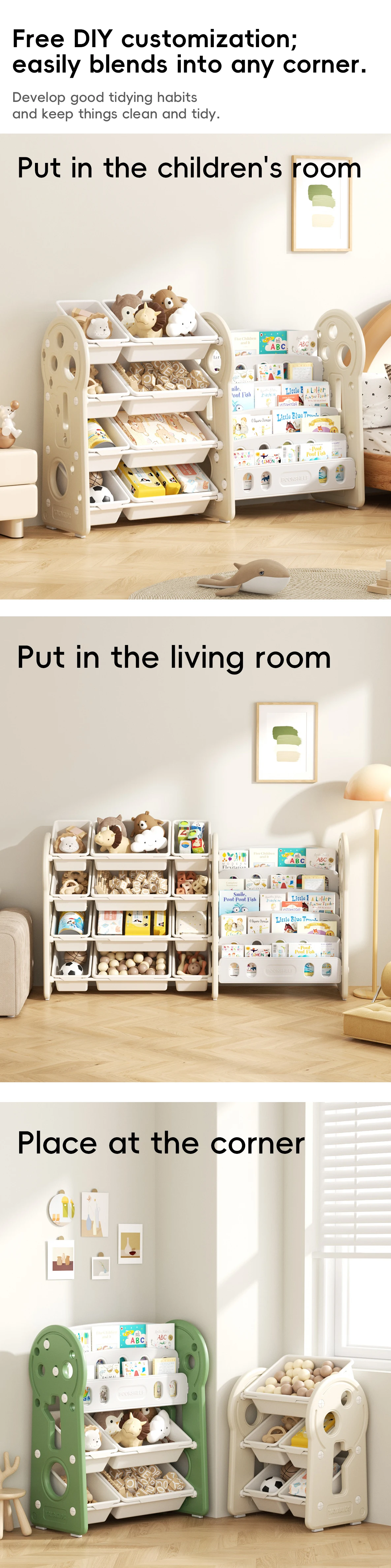 Feelkids Small Tree Bookshelf Storage Rack Modern Living Room Plastic Bookshelf and Toy Organizers with Cabinet for Home School details