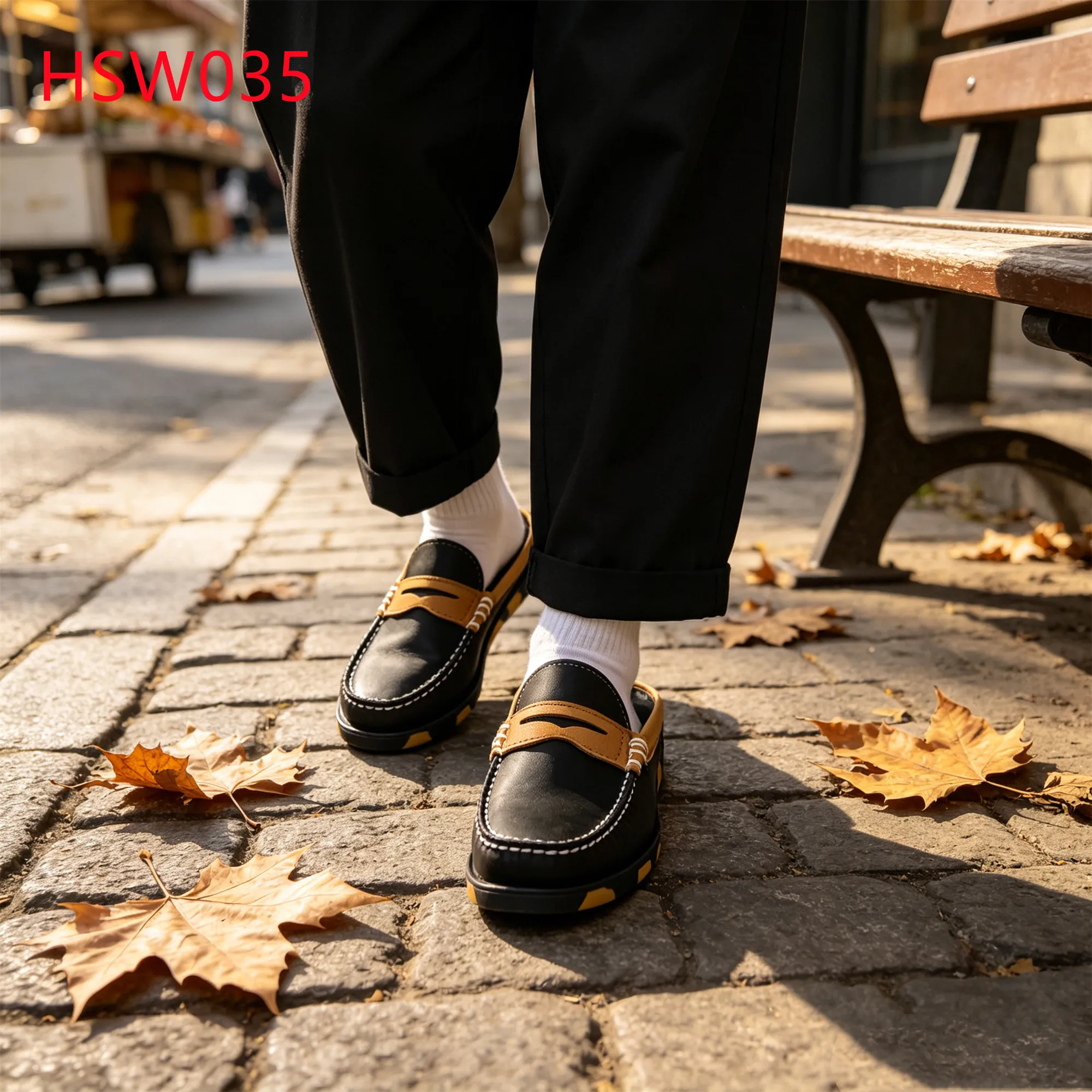 XYM,UK Like Black&yellow Contrast Color Hua Singh Mule Shoes Holiday Trip Open-heel Design Hand-sewn Leather Boat Shoes HSW035