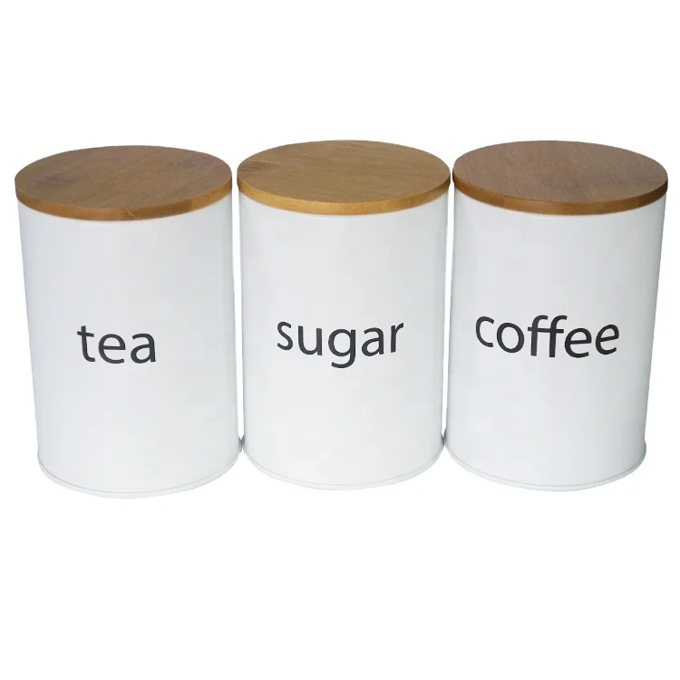 Coffee Tea Sugar Set of 3 Pack Metal Kitchen Canister Set White Food Storing Tin with Bamboo Lid