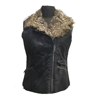 Winter vintage sleeveless leather jacket with faux fur for women