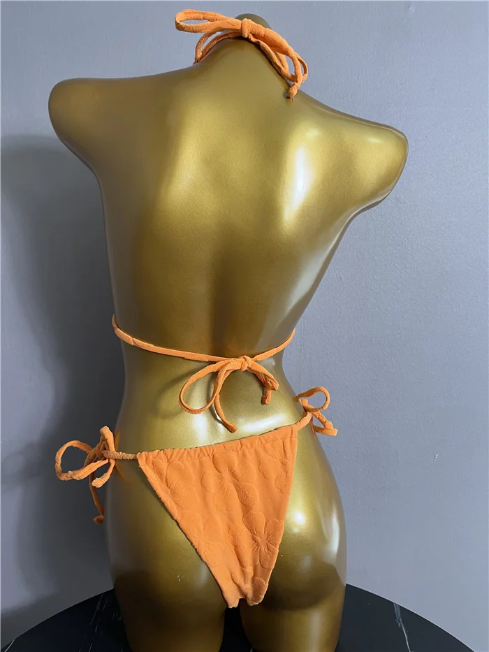 Yifeng 2022 Custom Low MOQ Fast Delivery Tie Side Two Piece Halter Green Terry Swimsuit