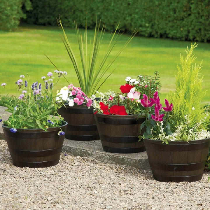 Hot Outdoor Plastic Oak Effect Half Barrel Planter for Home Garden Jardin  Whiskey Flower Plant Pot