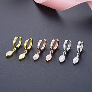 Rhodium 925 Silver Marquise Drop Huggies CZ Accent Hoop Earrings Hypoallergenic Lightweight Gift