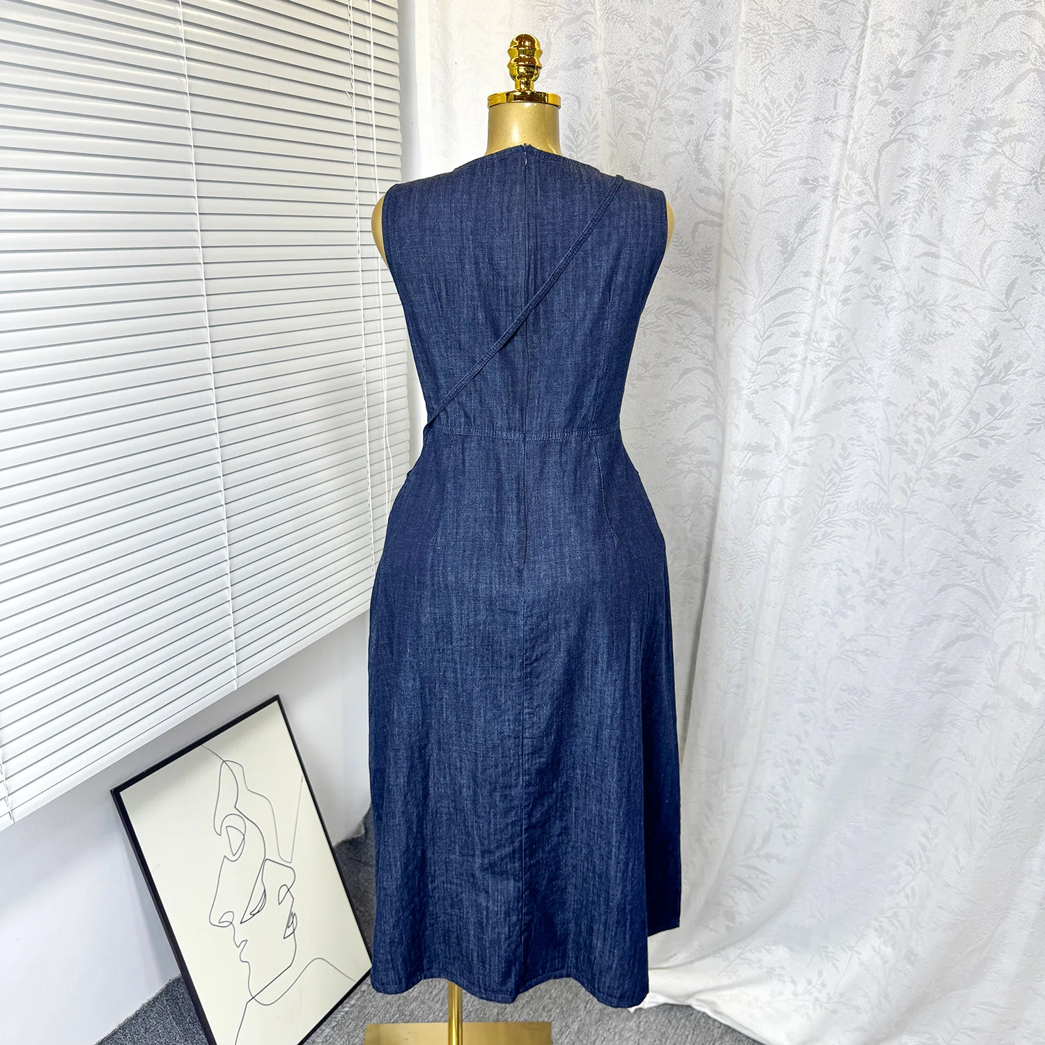 denim dress cinched waist Denim Blues Light Midi Dress