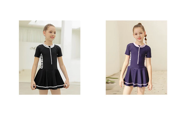 Children's Swimwear Girls Solid Color Stitching Short-sleeved Skirt ...