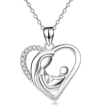 New heart love mama hug her baby pendant necklace with 925 sterling silver for mother's day jewelry promotion gift