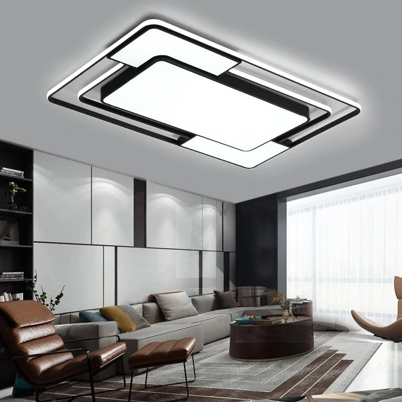 2023 Lámpara de techo LED moderna nórdica elegante rectangular grande con paquete de iluminación acrílica para sala de estar base de acero inoxidable