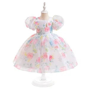 Customizable Latest Style Summer Tutu Dresses for Girls Kids Puff Sleeve Floral Girl Party Dress