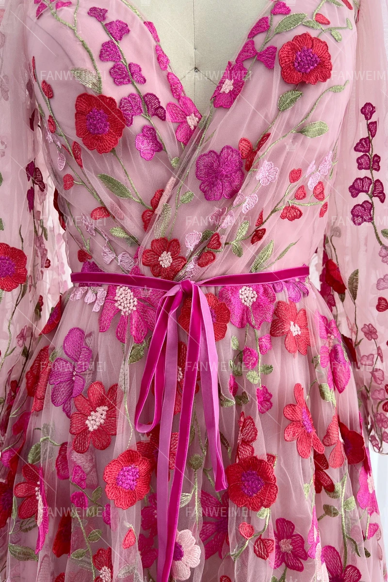 High Quality A-line Red Embroidered Flower V-neck Women's Evening Party Dress With Long Sleeves Tea-length Wedding Gown
