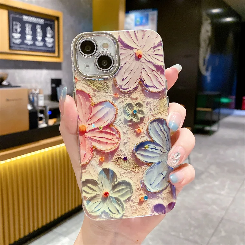 Ins Oil Painting Spot Drill Flower Glitter Lens Protector For Iphone15 ...