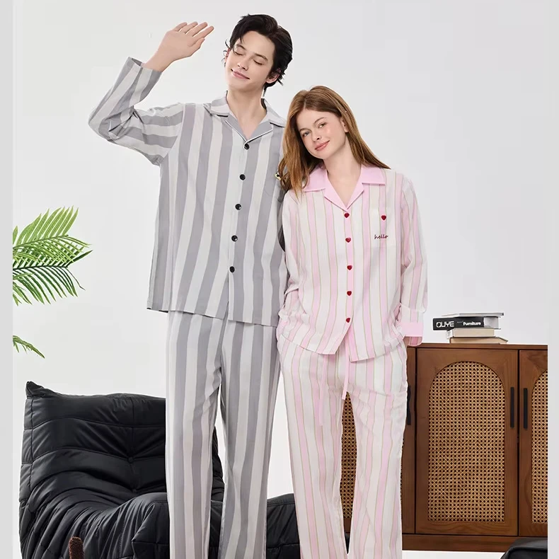 Unisex Women Men's Elegant Summer Long Cotton Loungewear Pajama Set Adult Comfy Breathable Lounge Wear Couple Sleepwear Set