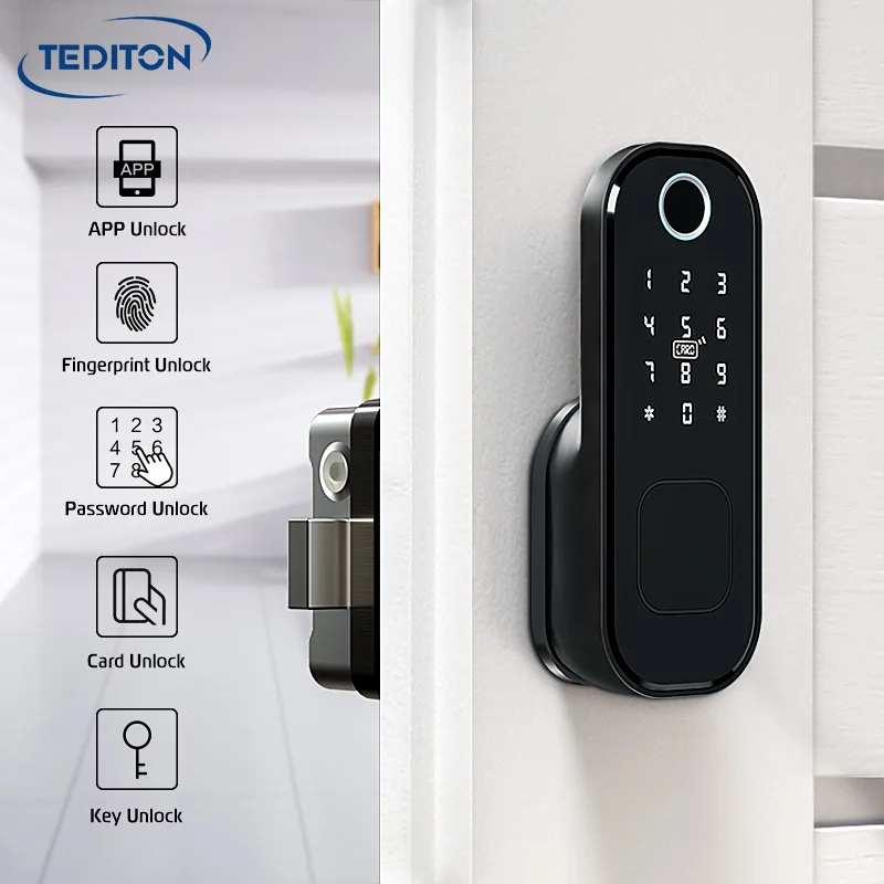 Tediton Waterproof Ttlock  App Electric Intelligent Digital Electronic Biometric Fingerprint Smart Rim Door Lock