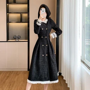 Maxi Casual Solid Woven Digital Printing Black Dress for Women in Autumn and Winter New Hepburn Style