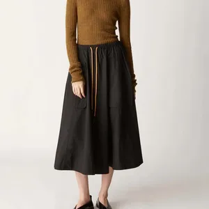 Wholesale High Quality Women's Flowy Custom Midi Skirt Elegant  A-line Drawstring Elastic Waist Ruffle Midi Skirt