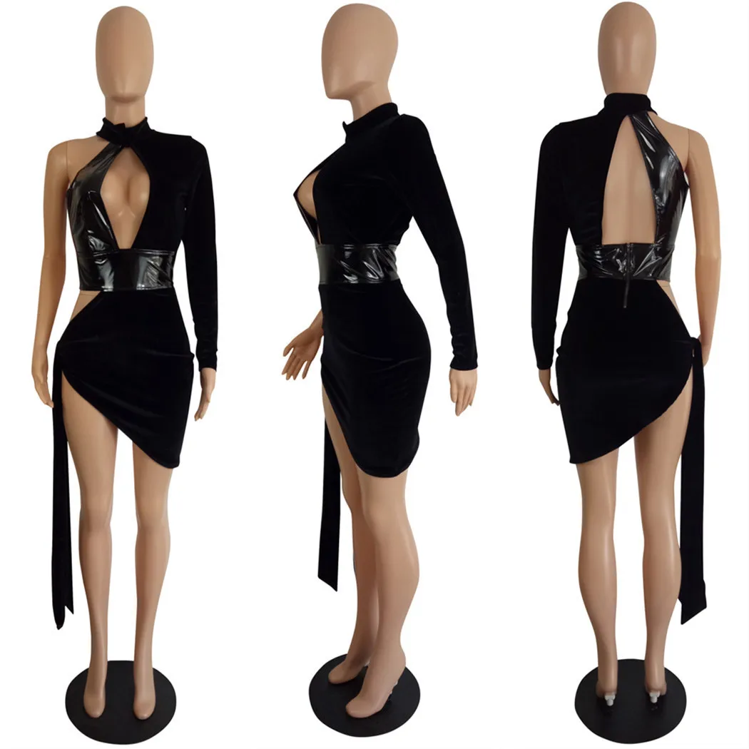 Women Club Wear 2021 Party Dresses Ladies Bandage Pu Leather Patchwork