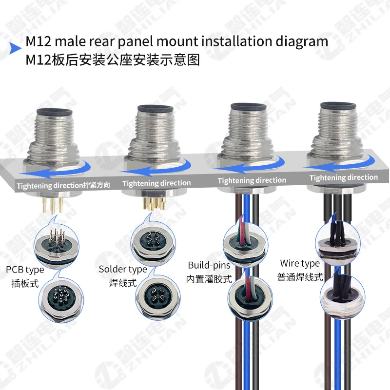 M12 Wire Connector Panel Mount with Solder Cup Female Male Wire to Board Connector 2P 3P 4P 5P 6P 8P 12P 17P