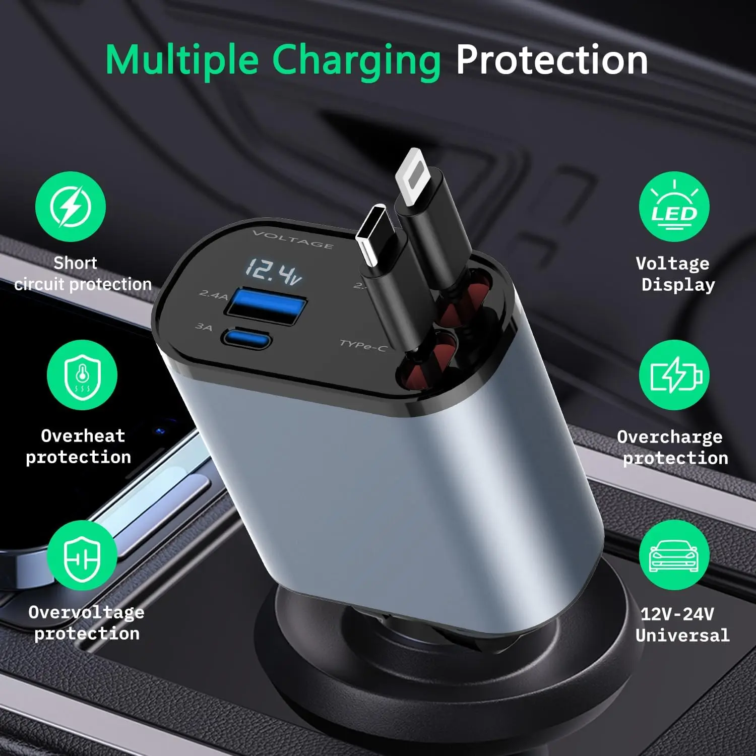 4 In 1 Car Fast Charger For Iphone And Type C Retractable Cables And 2 ...