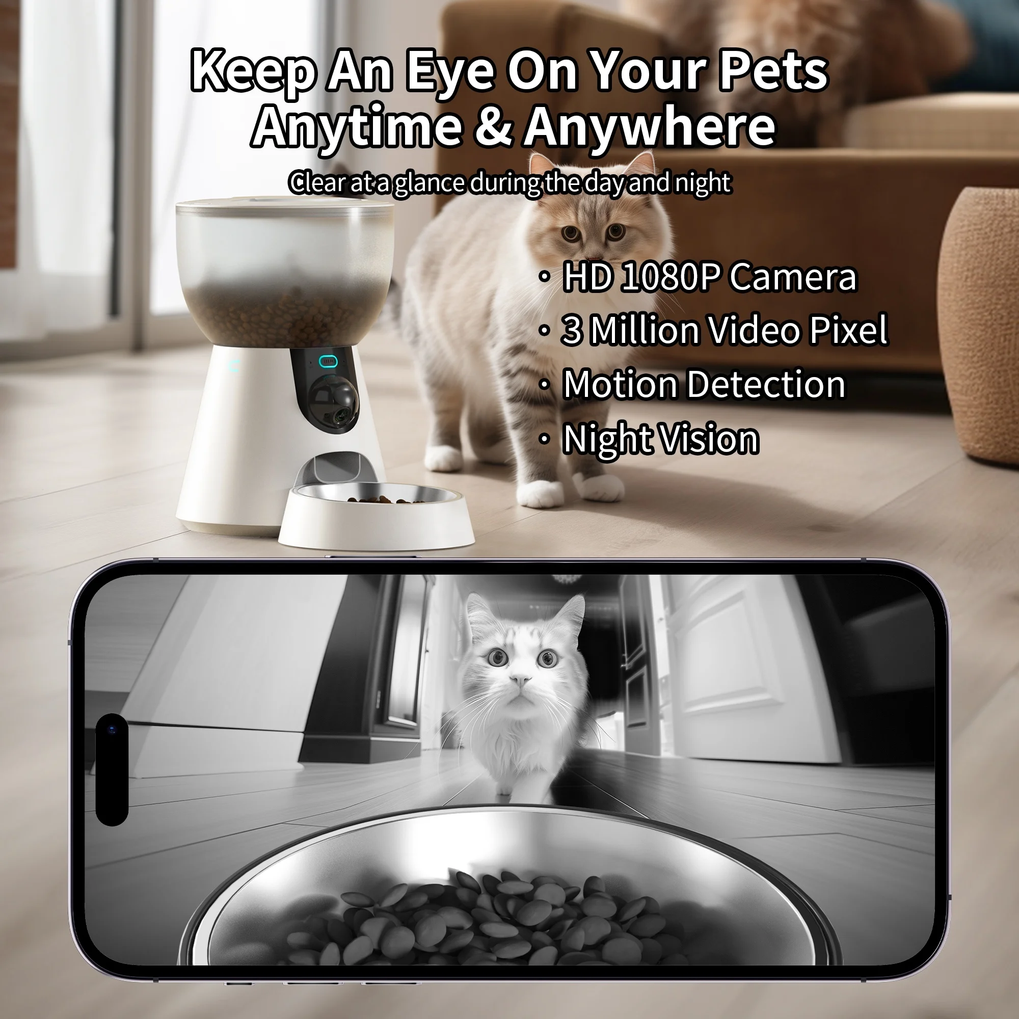 Petwant Private Label Custom 4L Auto WIFI Two-way Voice Call Dual Power Supply Dog Cat Feeder With Double Stainless Steel Bowls