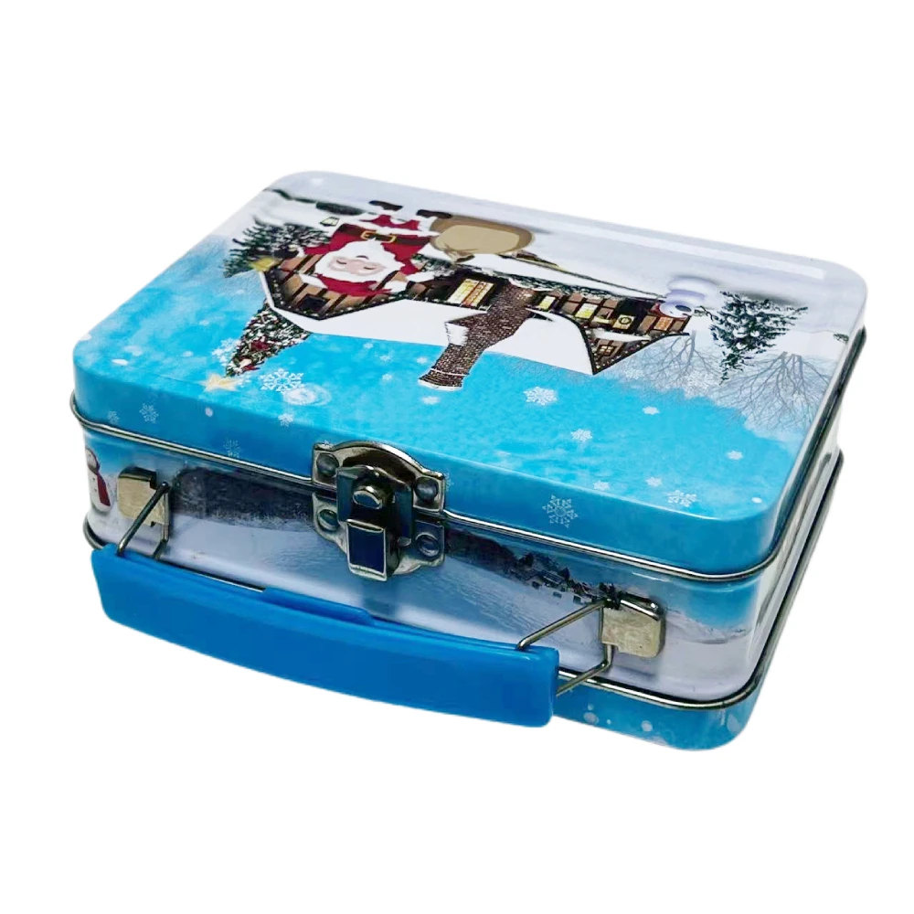 Custom Printing Vintage Tinplate Packaging Rectangular Metal Box Christmas Biscuit Candy Tin Lunch Box With Handle