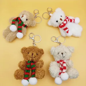 Christmas Cute Blush Scarf Bear Plush Doll Key Ring Chain Bag Toy Small Christmas Tree Decoration Hanging Accessory Pendant Gift