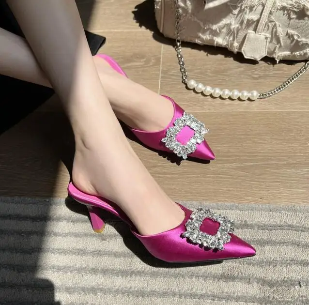 New Spring Metal Decoration Crystal Silk Slippers Women Pointed Toe ...