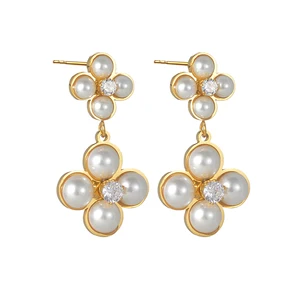 YUKAM Fashion Jewelry Stainless Steel Gold Plated Zircon Flower Drop Four Leaf Clover Imitation Pearl Dangle Earrings for Women