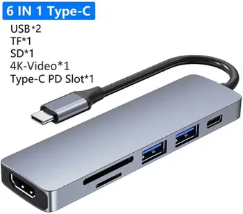 SY  6-in-1 USB Hub Multiport Adapter: HDMI 4K, USB 3.0&USB2.0 Ports TF SD PD Charging Hub docking station For Computer Laptop