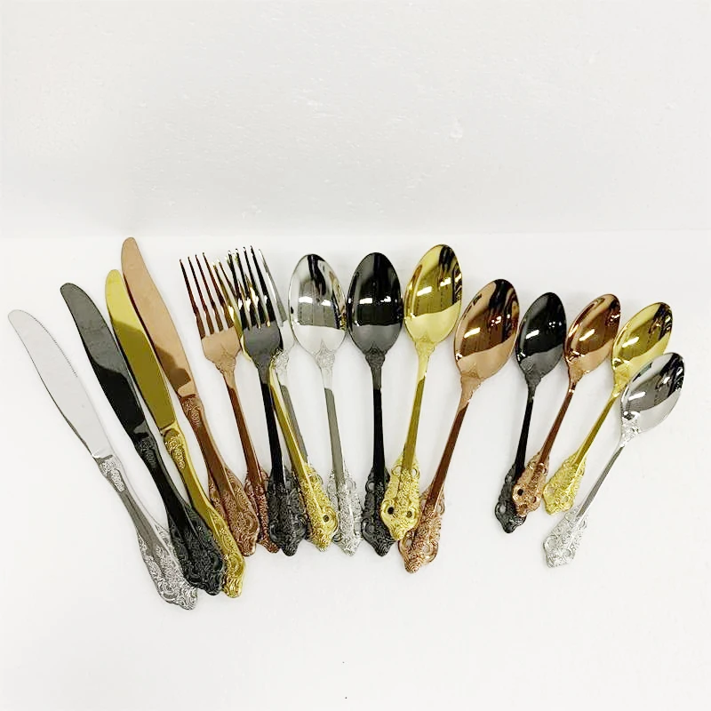 4 Pcs Flatware Vintage Spoon Knife Gold Teaspoon Fork Royal Palace Retro Carved Silverware Cutlery Stainless Steel Tableware Set