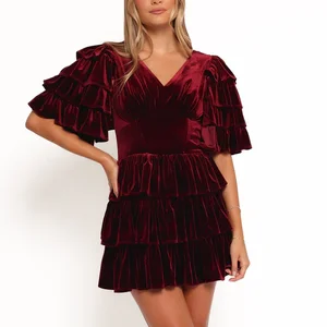 Creative Velvet Waist Cinched V-Neck Ruffle Edge Dress Solid Color Multi-Level Niche Design Woven Eco-Friendly Weaving