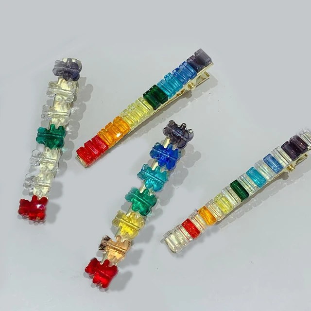 Korean Color Rhine-diamond Hairgrips Alloy Bear Square One-line Bangs Clip Cute Fresh Sweet Lovely Hairpins