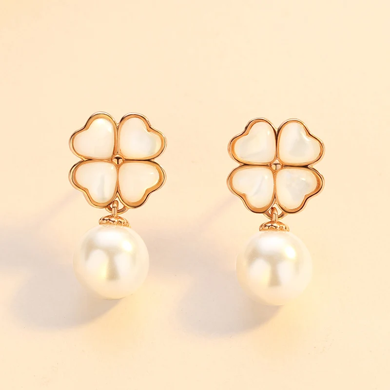 Wholesales 925 Sterling Silver 18K Gold Plated Fashion Women Four Leaf Clover Pearl Stud Earrings Je(图8)