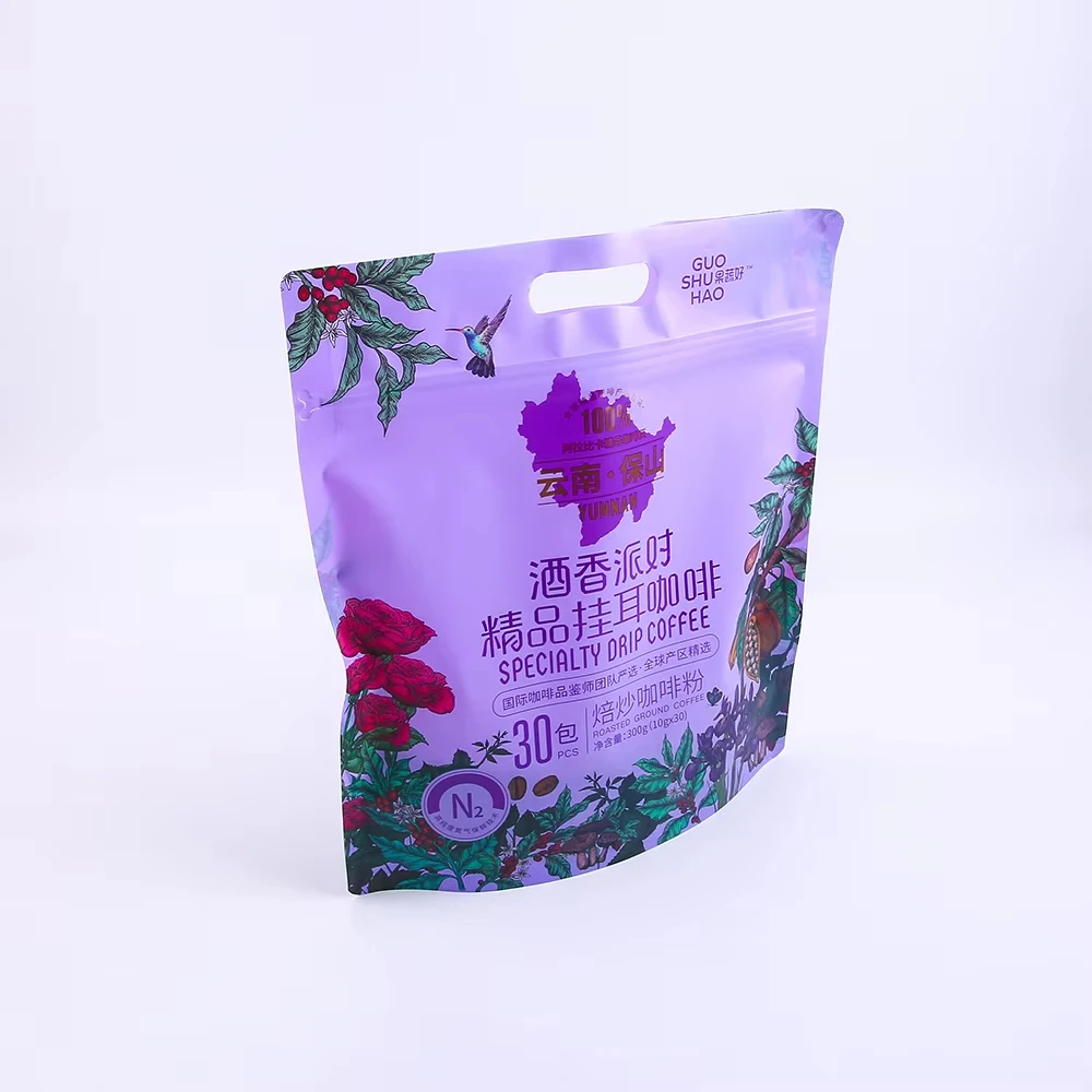 Custom Print Food Grade Plastic Stand up Pouch Protein Powder Tea Coffee Beans Packaging Bag with Handle Heat Sealing