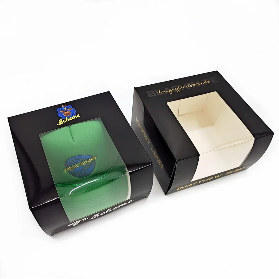 China Supplier Wholesale Flat Packed Baseball Hats Peaked Paper Box Snapback Hat Gift Box Black