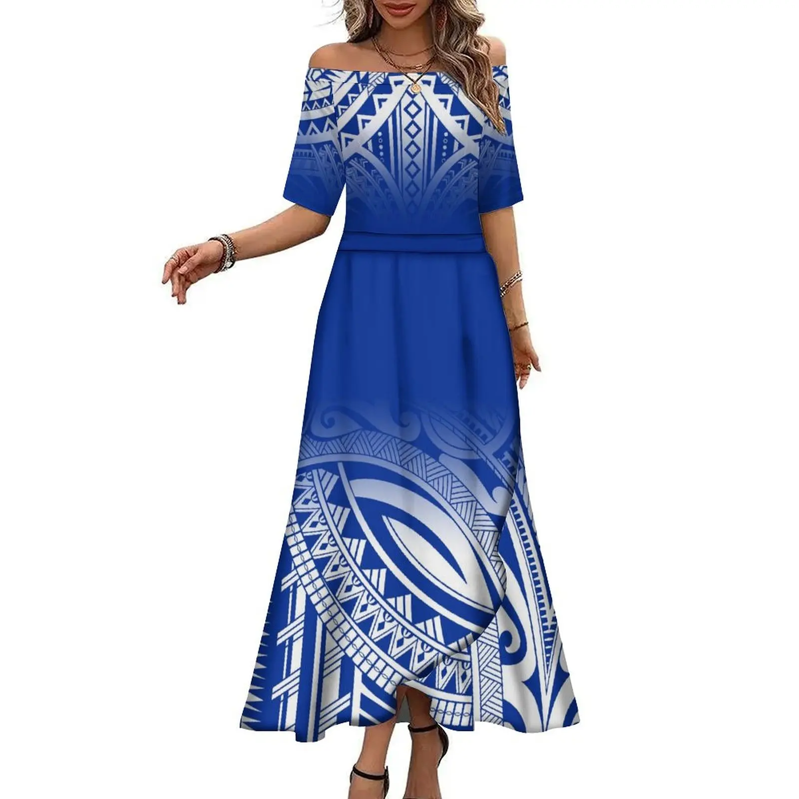 hawaiian off the shoulder maxi dress Lauae Fern Hawaiian Print Off Shoulder Maxi-Style Dress