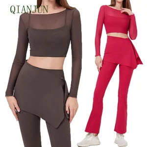 Custom Women Plus Size Gym Fitness Sports 2 in 1 Tracksuit Long Sleeve Mesh T-shirts High Elastic Flared Leggings Set