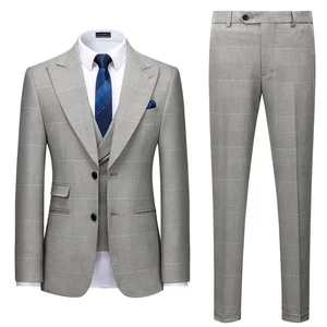 M-4XL Men Plus Size Plaid Single Breasted Zipper Fly Flat Business 3-Piece Light Grey Formal Wedding Suits (Jacket+Vest+Pants)