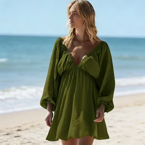 Deep V-Neck Sexy Mini Dress Solid Color Short Dress with Long Sleeves Summer Loose Casual Dresses for Women