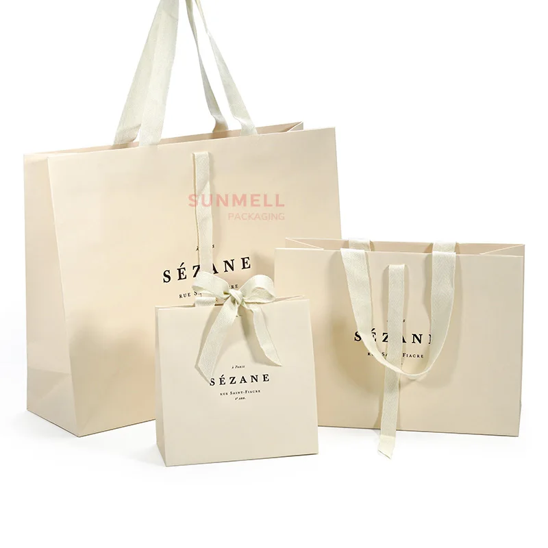 Custom Printed Beige Kraft Paper Shopping Bags with Logo Ribbon Handle ...