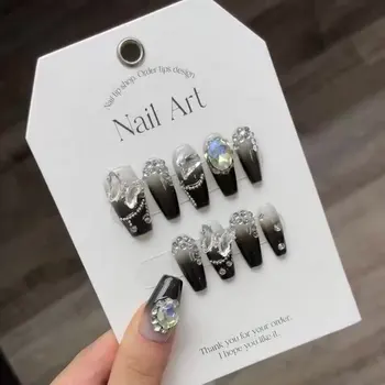 Handmade Acrylic Press On Nails Full Diamond Star Crystal Butterfly Gems Artificial Fingernails Black Gold French Nail Press On