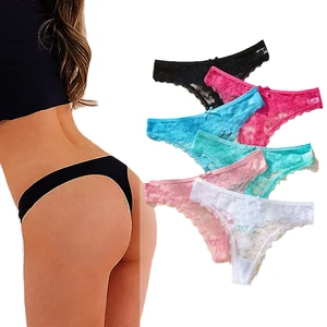 Hot Sale Women Sexy Lace Thong Low-Rise Seamless Bikini Style Transparent Solid Color Knitted Logo Waist
