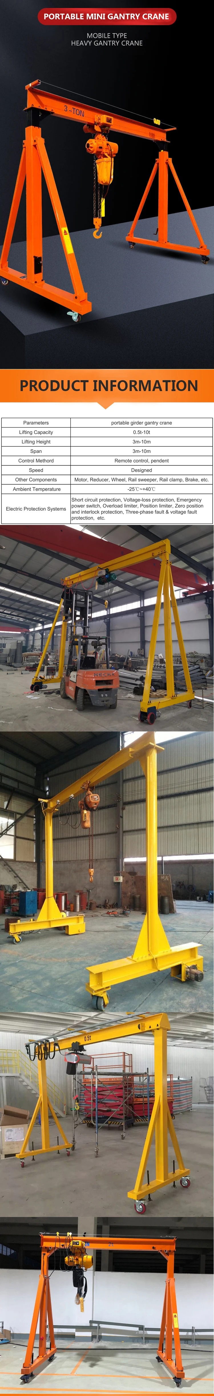 Widely Used 500Kg 1 2 3 Ton Small Mini Mobile Portable Electric Manual Pushed A-Frame Gantry Crane