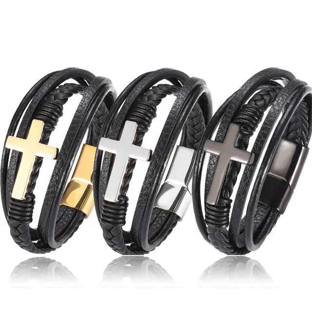 Religious Jewelry Stainless Steel Buckle Black Cross Charm Leather Popper  Woven Men leather cross bracelet for men