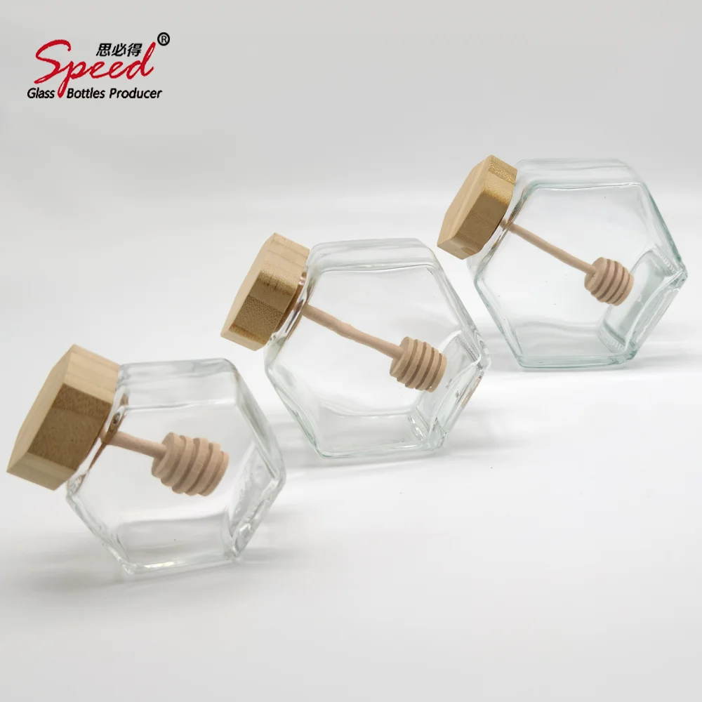 100ml 250ml 430ml Hexagonal Glass Honey Jar with Wooden Lid