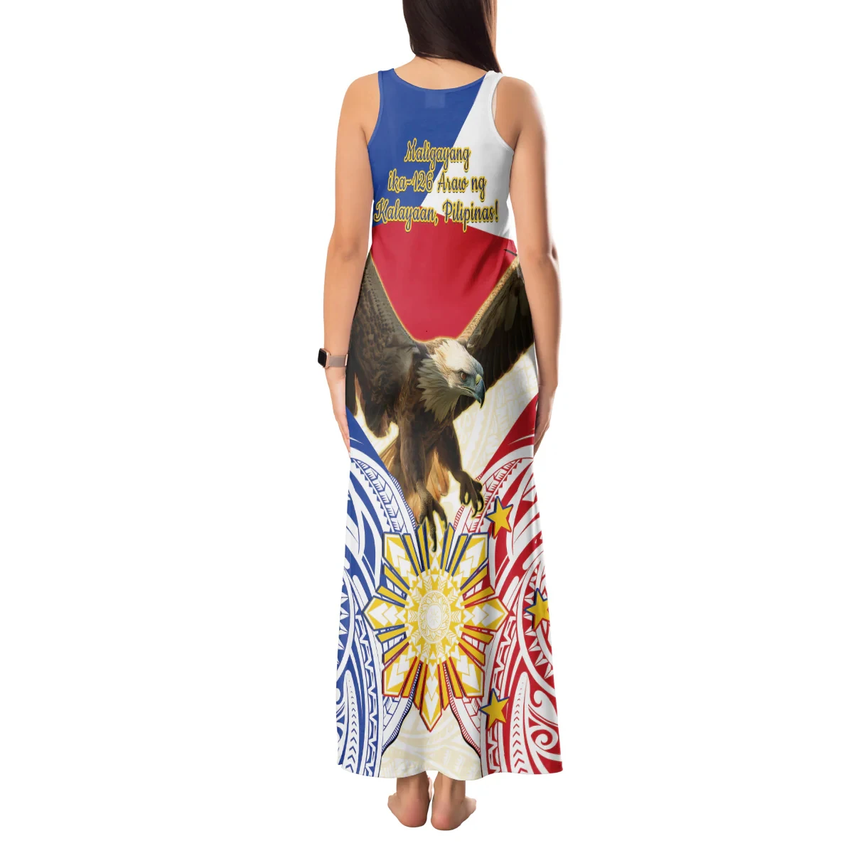 Custom Logo Printing Philippine Independence Day Sleeveless Long Dress Pilipinas Eagle Sexy Round Neck Slit Dress Wholesale