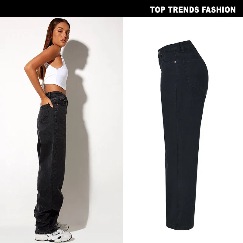 New European American Style High Waisted Loose Straight Cool Black Denim Trousers Mom Jeans Women's Baggy Jeans