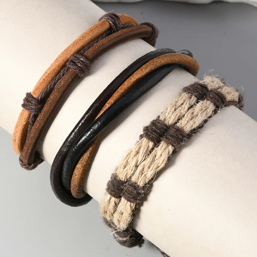 Tribal Leather Men's Braided Wristband Bracelet With Alloy Spring Surf Charm - Brown, Adjustable - View #4