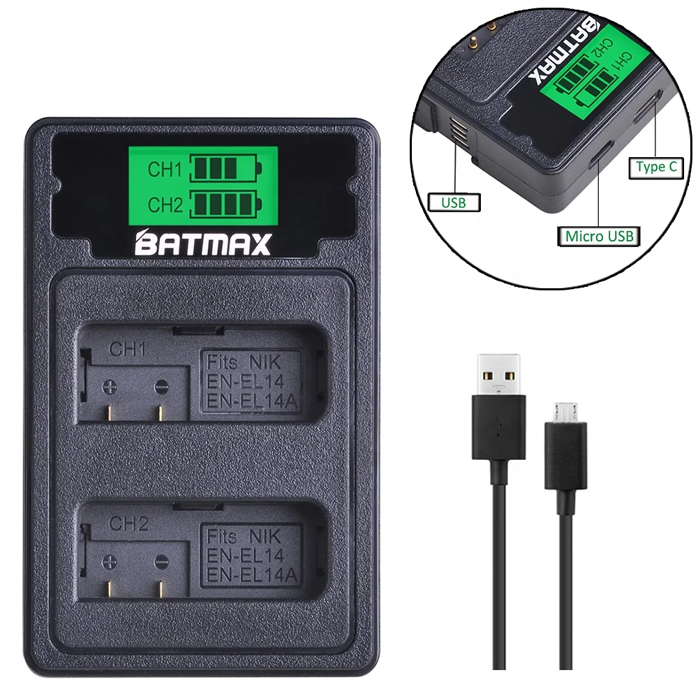 Новый BATMAX EN-EL14 EN-EL14a ENEL14 USB двойное зарядное устройство для Nikon P7700,P7000,P7800,P7100,D3400,D5500,D5300,D5200,D3200,D3300,D5100