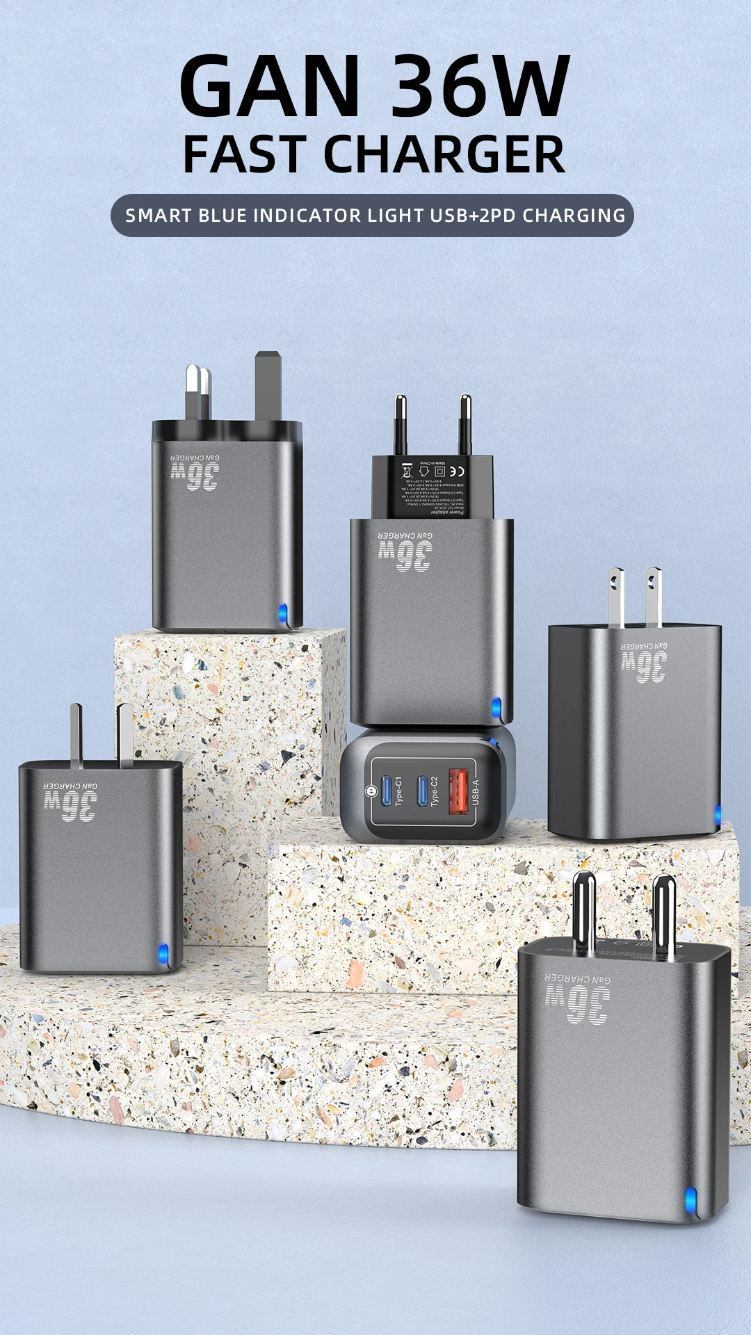 2026 Hot Electric Fast Charger Adapter 36W GaN QC3.0 USB-A Type-C PD US/EU/AU Plug Mobile Phone Earphone Travel Wall Charger Hebc9615bea1b423aa10238b7a9d07ed7x
